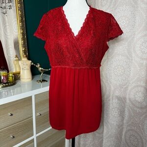NWT Vintage Y2K New York & Company Vibrant Red V-Neck Babydoll Top Cherrygirl